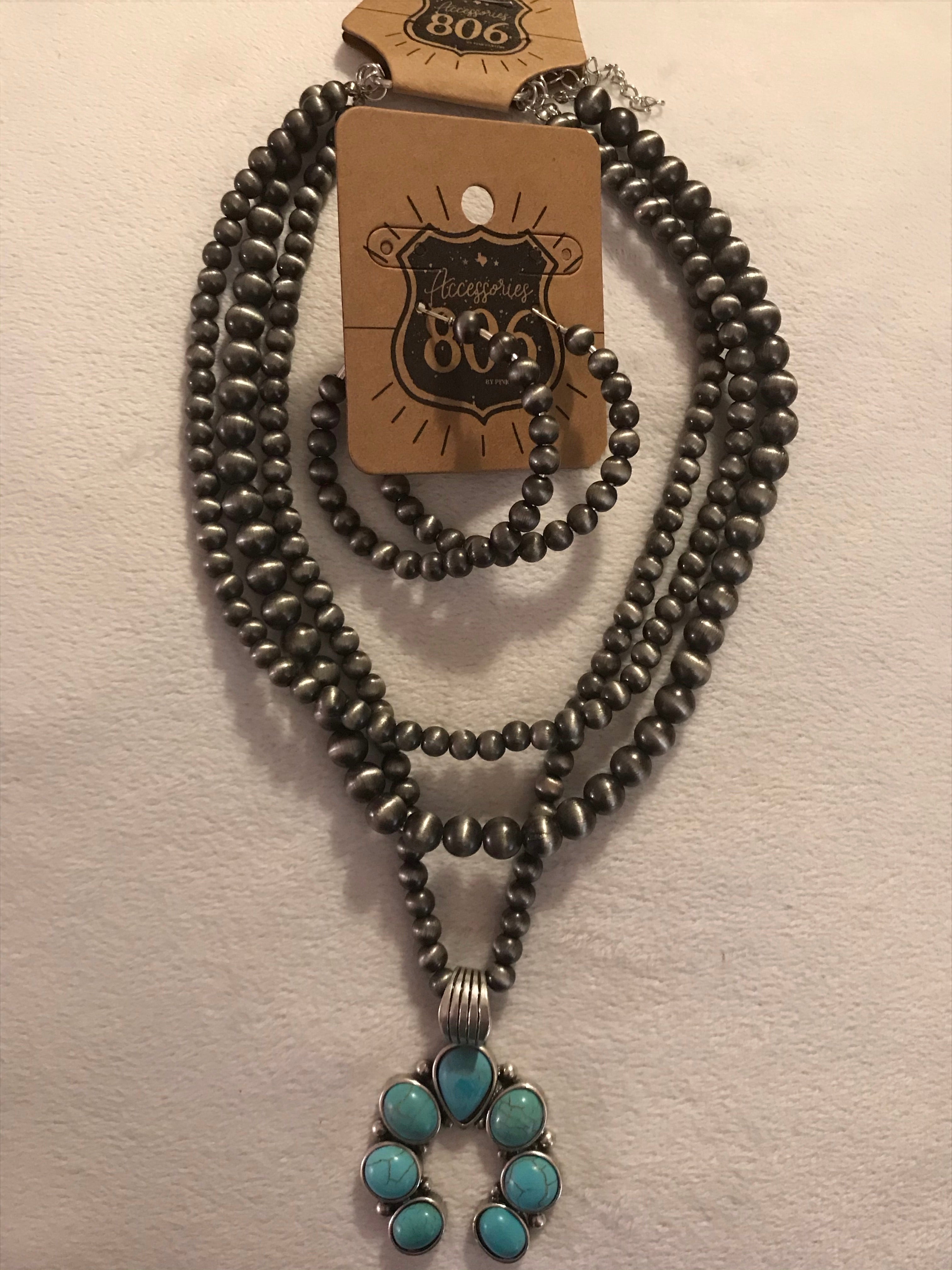 Silver 3 Strand Necklace with Turquoise Pendant