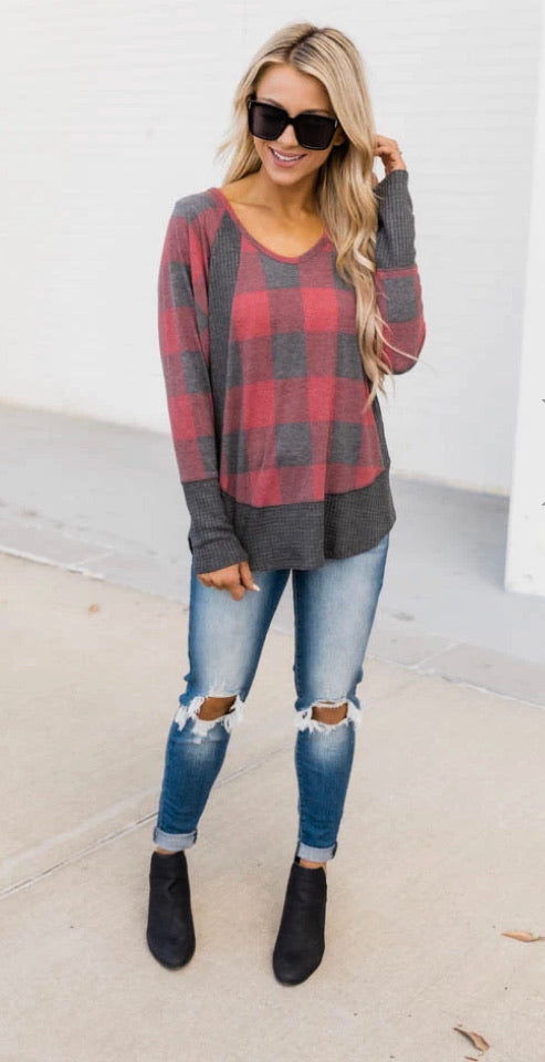 Burnout Red plaid relaxed fit top