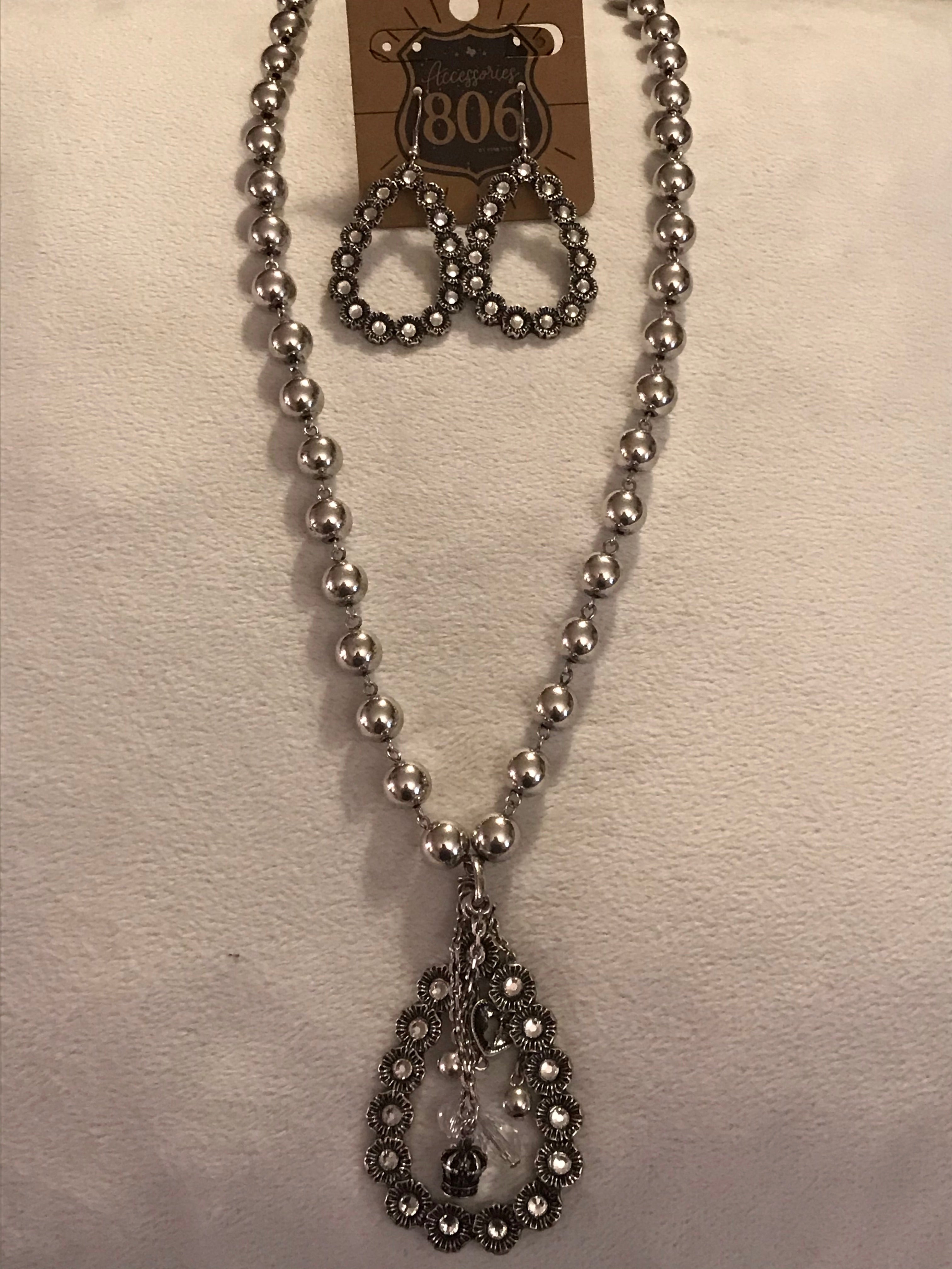 Silver Bead Necklace with Clear Rhinestone Open Teardrop and Charms