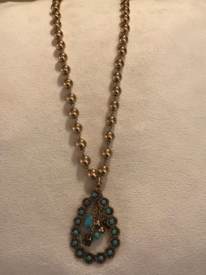 Gold Bead Necklace with Turquoise Open Teardrop Pendant