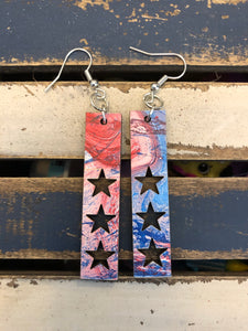 Hand painted rectangle wood earrings with 3 star cutout