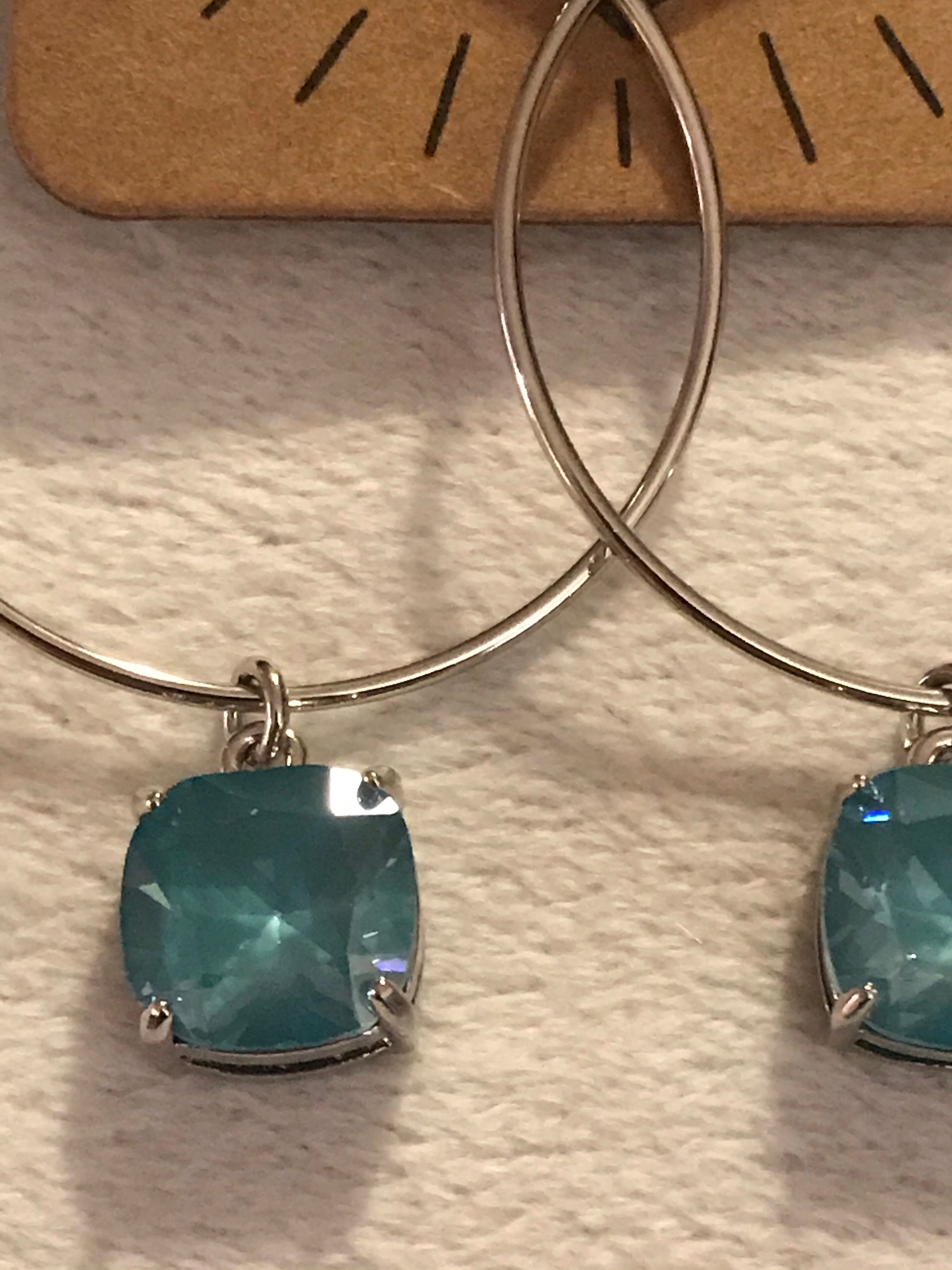 Silver Hoop Earrings with Blue Glass Square