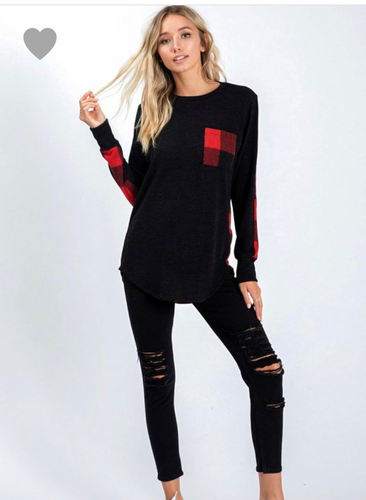 Red and Black Buffalo Plaid Sweater with Front Pocket