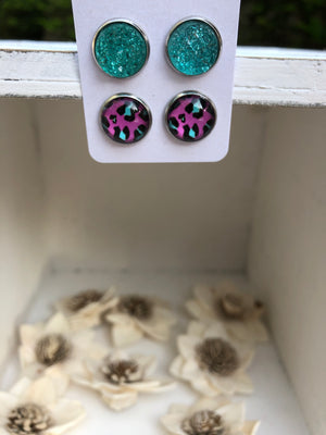 Mint druzy and neon pink leopard earrings
