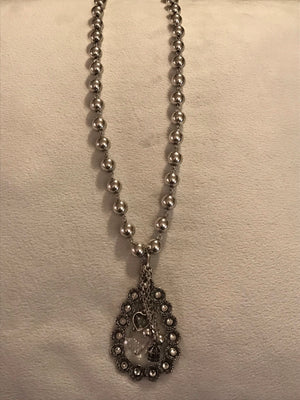 Silver Bead Necklace with Clear Rhinestone Open Teardrop and Charms