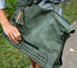 Green rivet tassel handbag