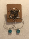 Silver Hoop Earrings with Blue Glass Square