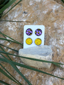 Yellow Druzy and neon purple leopard earrings 12mm