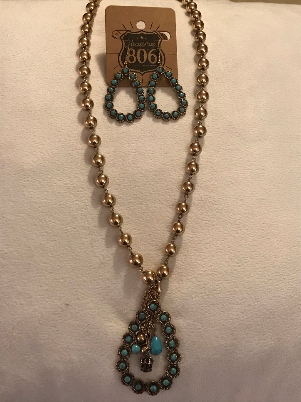 Gold Bead Necklace with Turquoise Open Teardrop Pendant