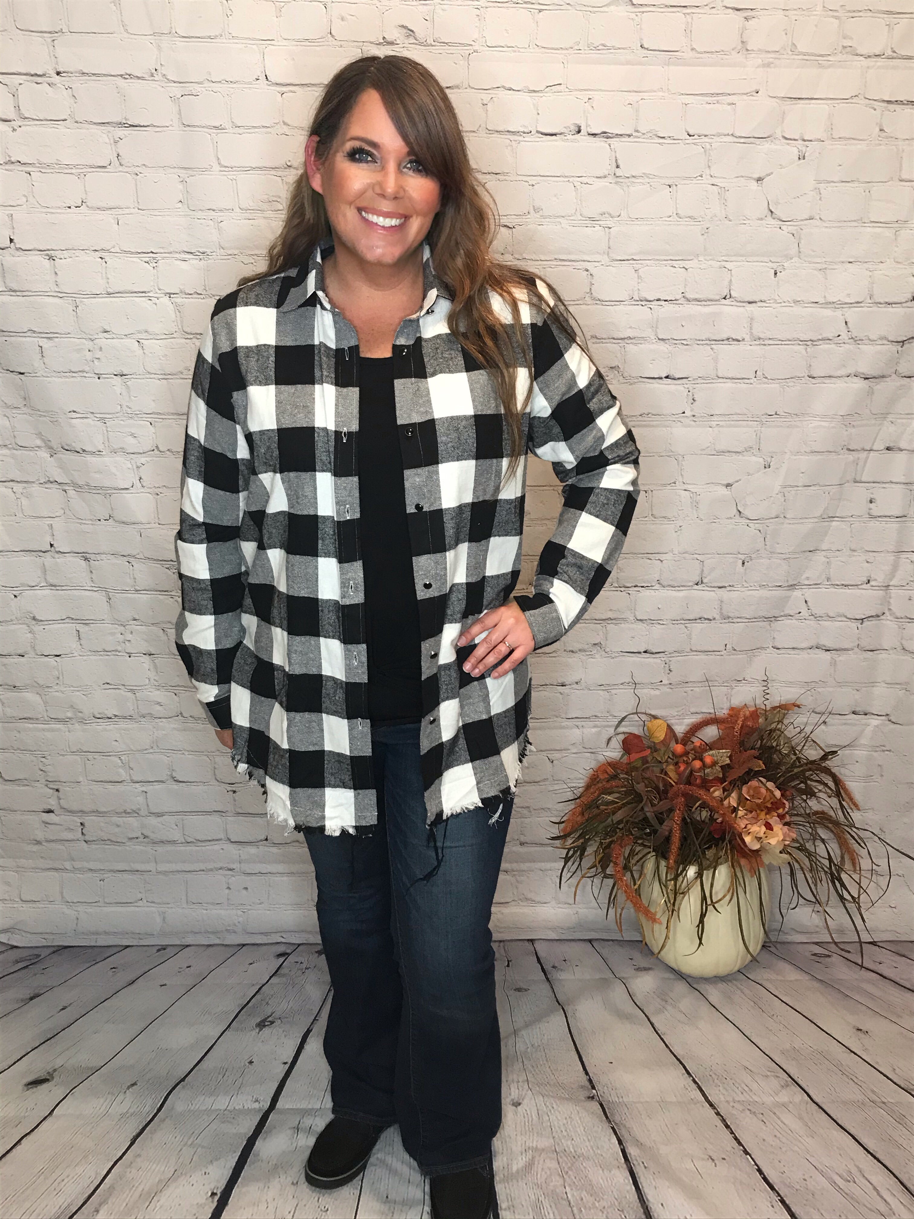 Black and white flannel with Fall Background