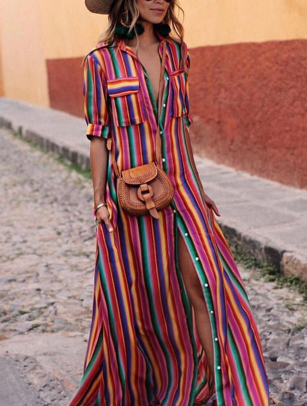 Multicolor Striped Shirt Dress Maxi