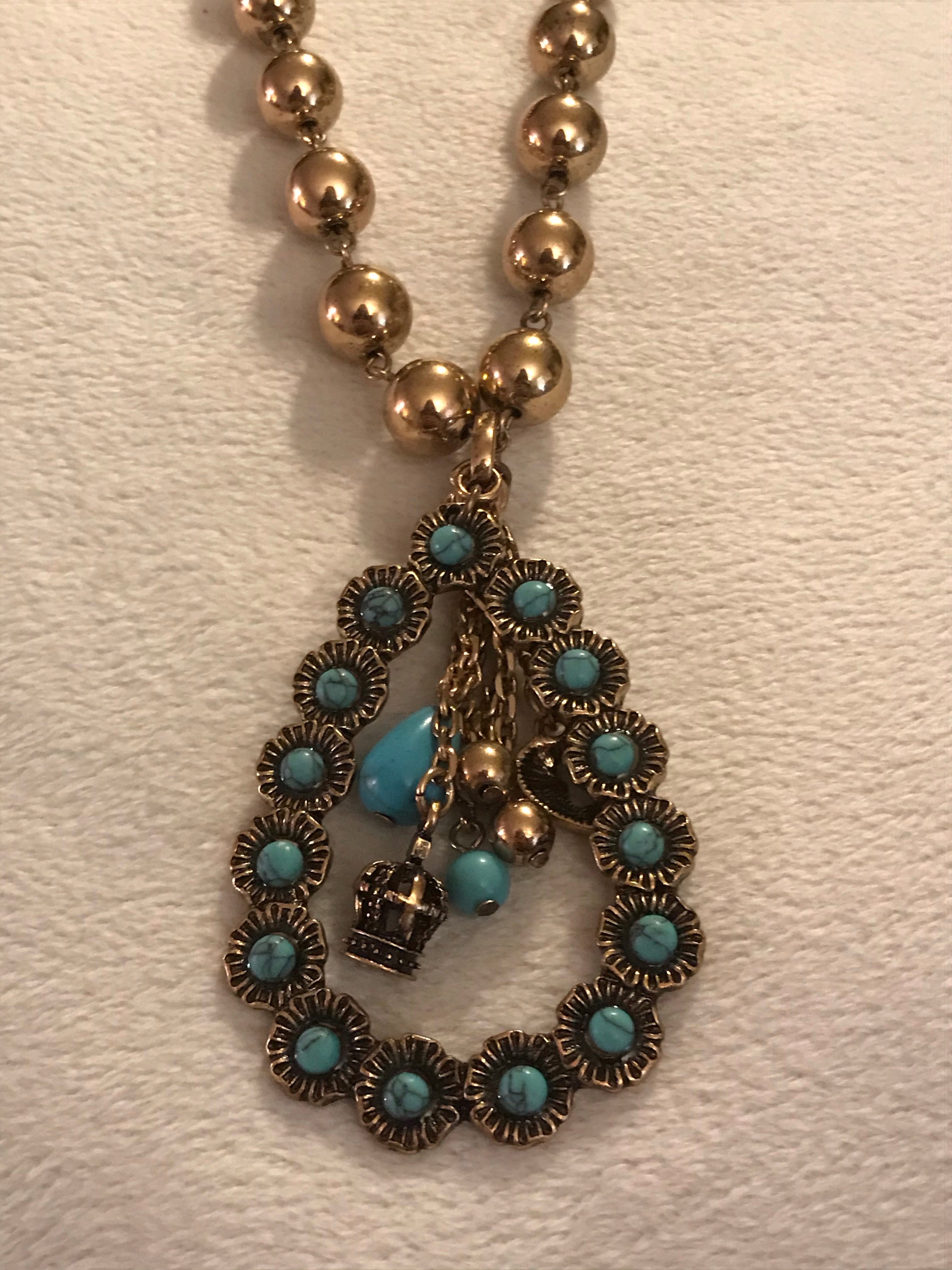 Gold Bead Necklace with Turquoise Open Teardrop Pendant