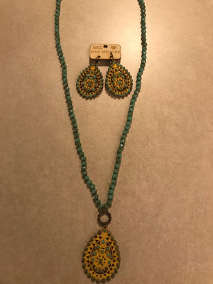 Santa Fe Mustard Crackle Wood with Turquoise Pink Panache Necklace