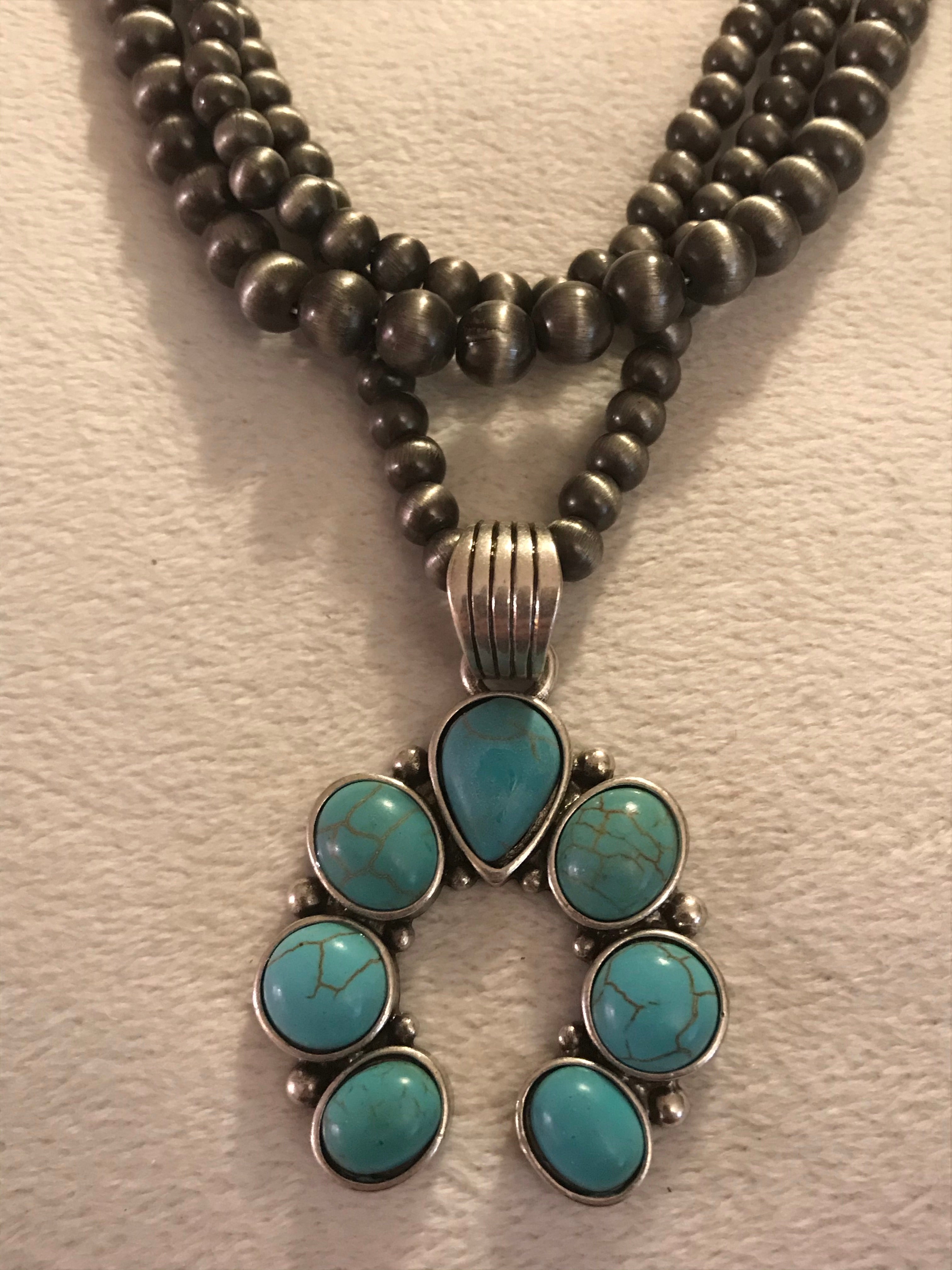 Silver 3 Strand Necklace with Turquoise Pendant