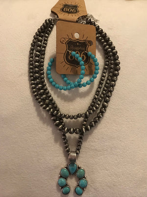 Silver 3 Strand Necklace with Turquoise Pendant