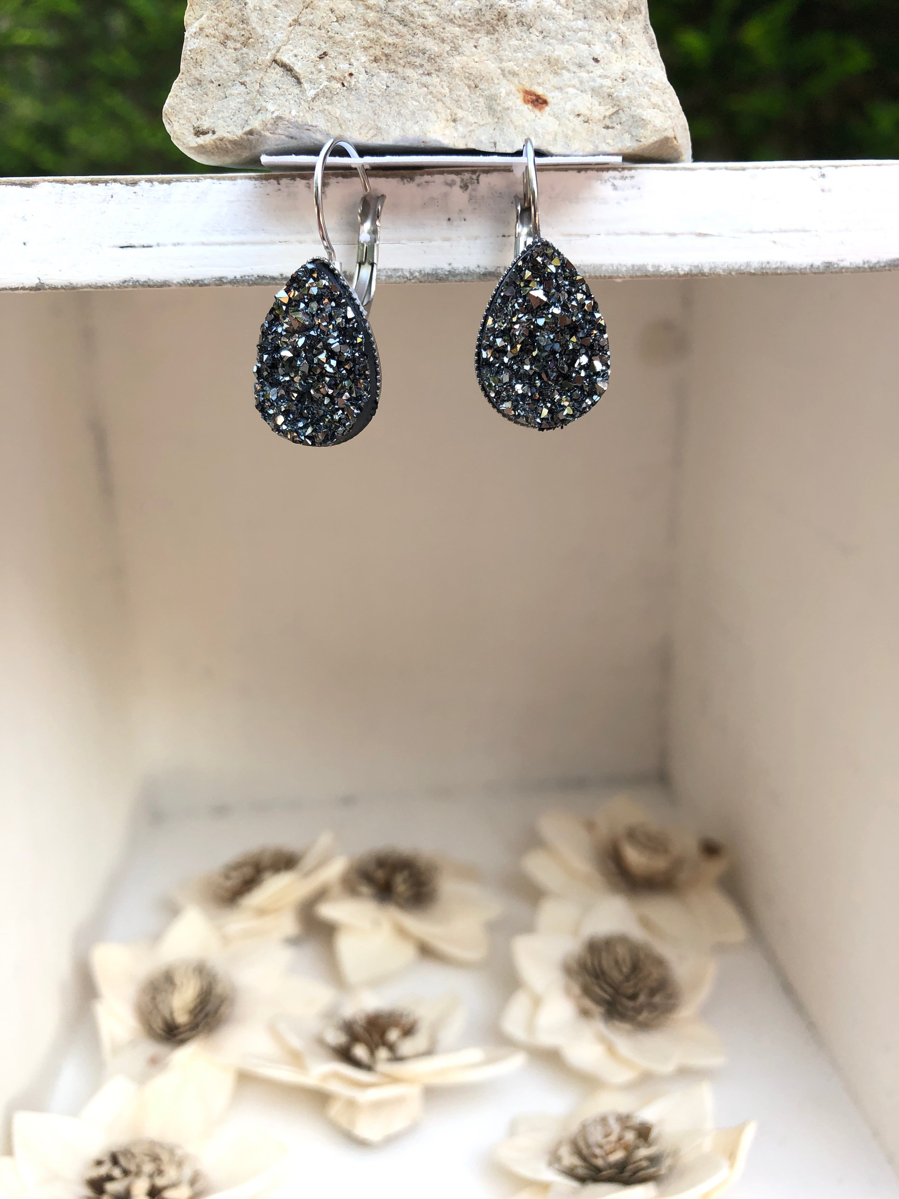 Gunmetal sparkle druzy tear drop earrings