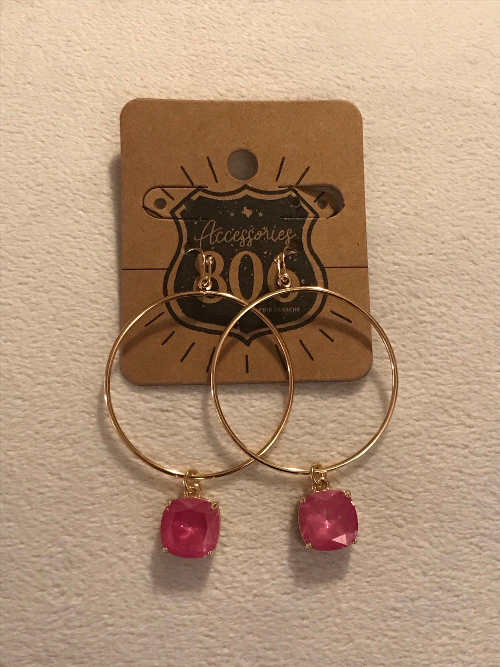 Gold Hoop Earrings with Pink Glass Square