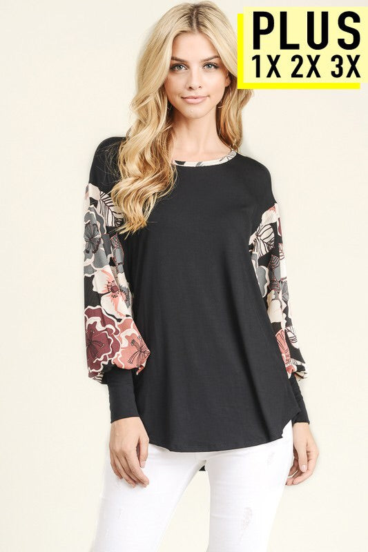 Black Floral Round Neck Bubble Sleeve Top