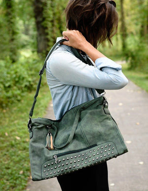 Green rivet tassel handbag