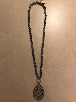 Santa Fe Silver Crackle Wood Dark Silver and Turquoise Pink Panache Necklace