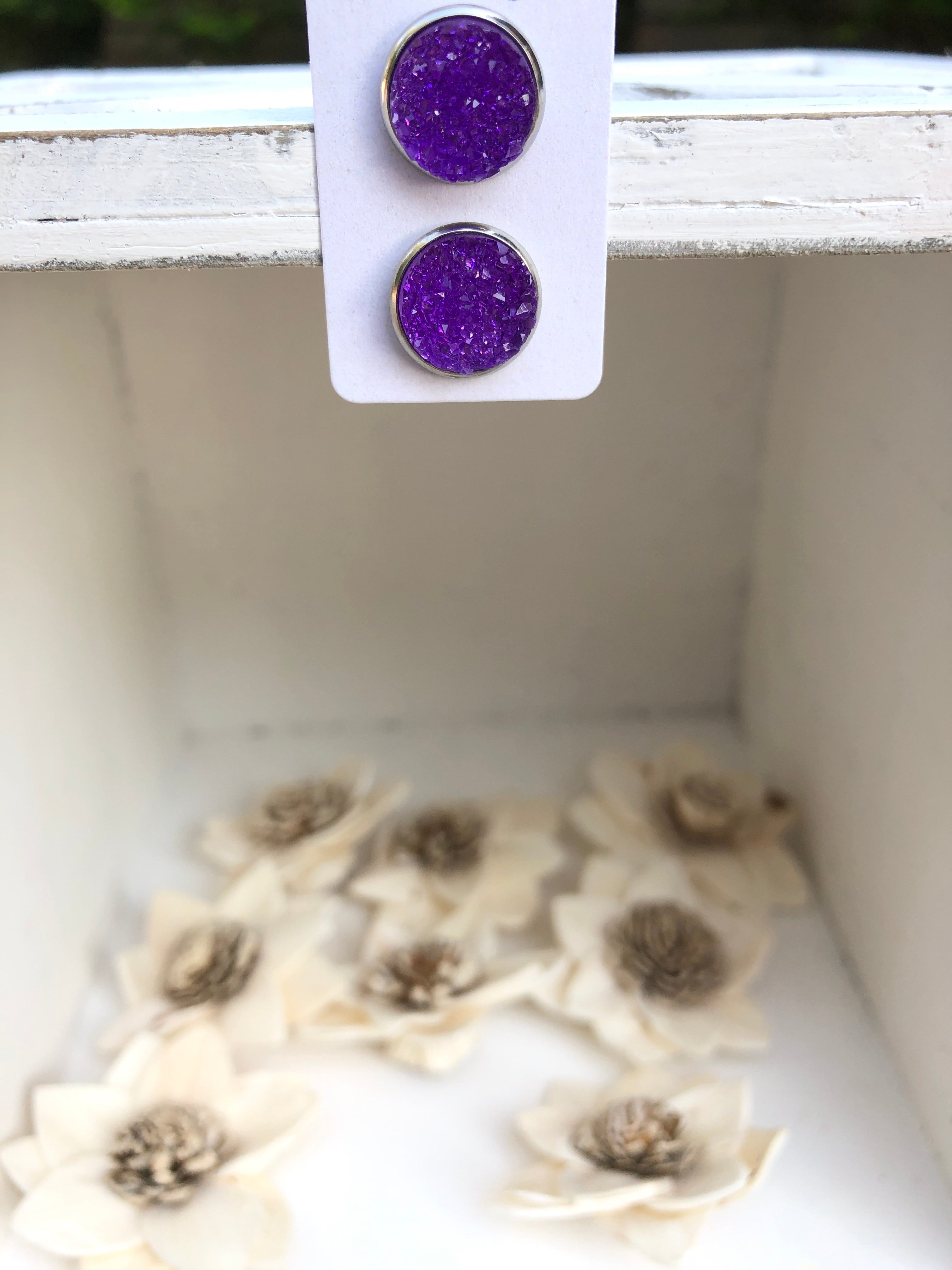 Purple sparkle druzy earrings 12mm