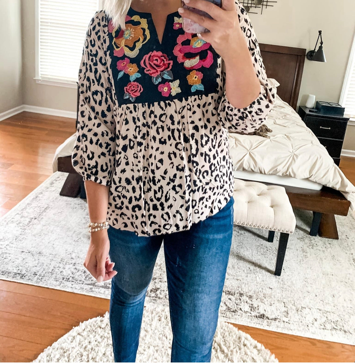 Leopard print embroidered 3/4 sleeve top