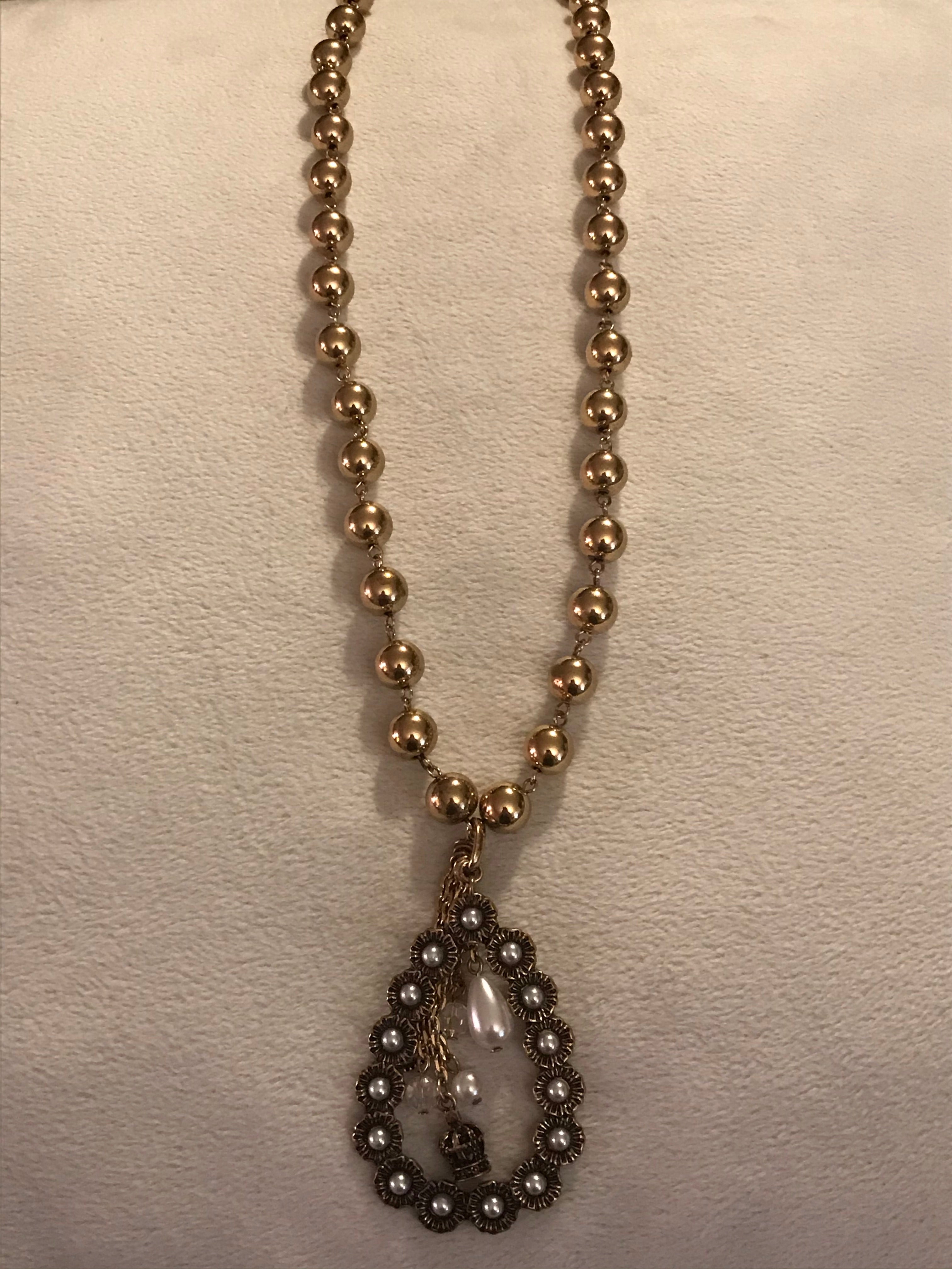 Gold Bead Necklace with Pearl Open Teardrop and Charms