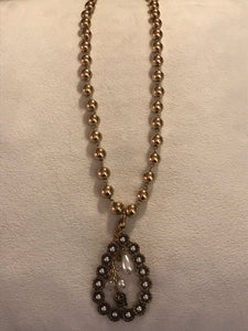 Gold Bead Necklace with Pearl Open Teardrop and Charms