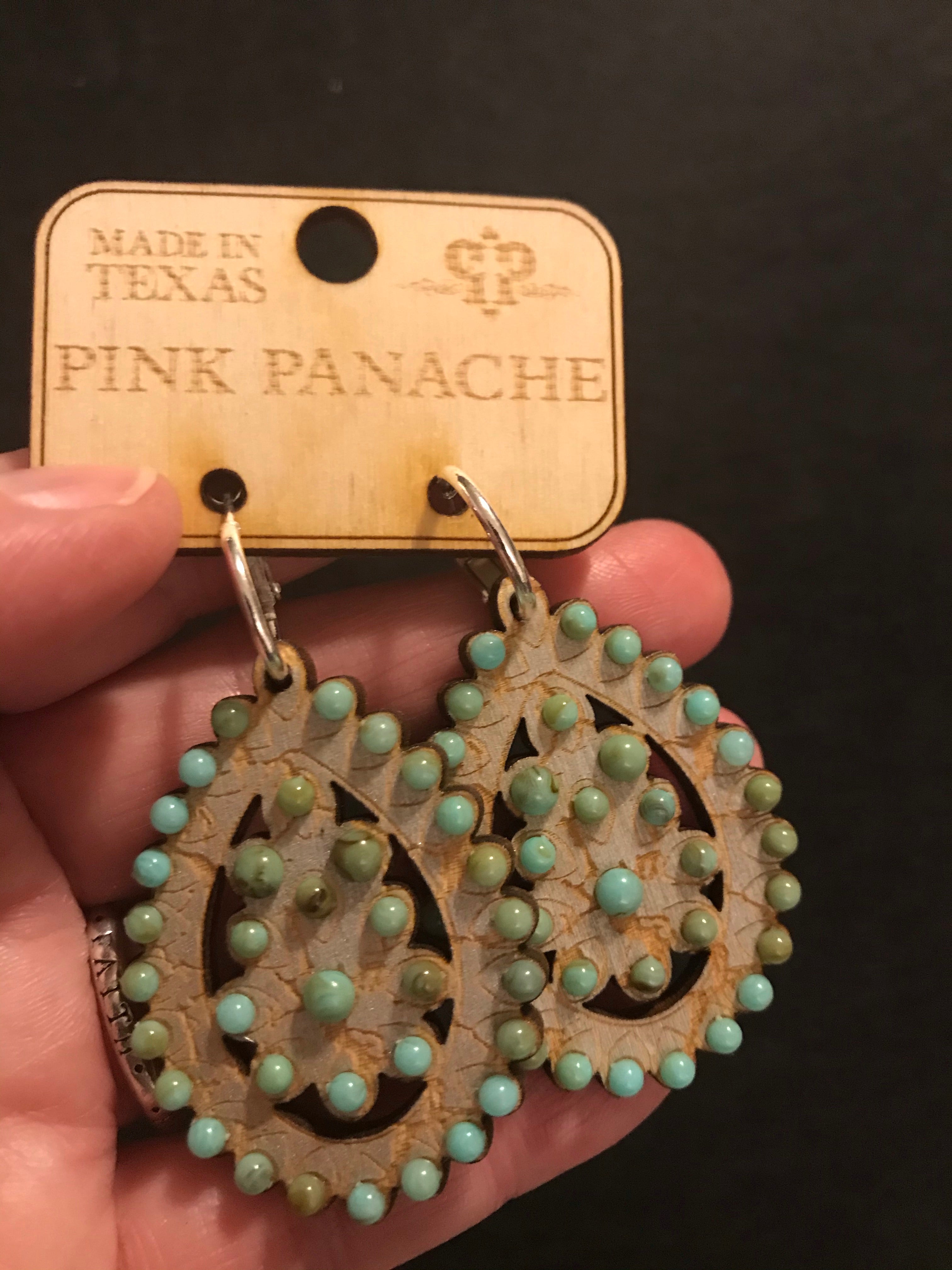 Small Santa Fe Crackle Wood with Turquoise Pink Panache Earrings