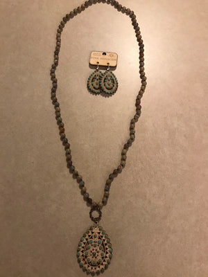 Santa Fe Silver Crackle with Turquoise and Sage Jasper Pink Panache Necklace