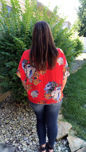 Red floral front knot top