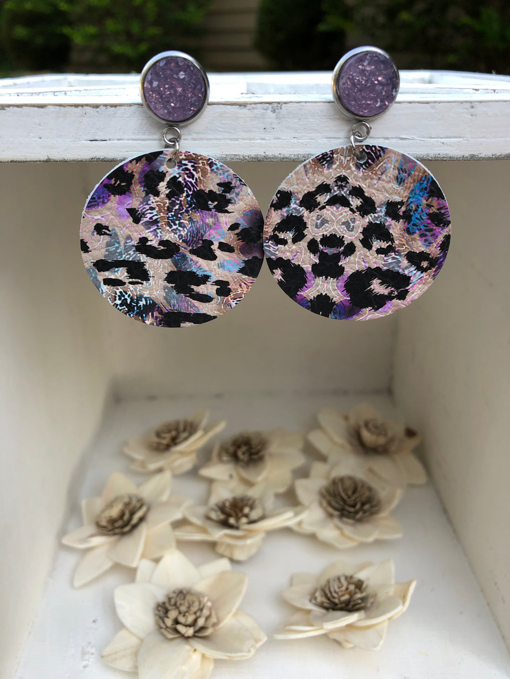 Purple druzy with purple leopard earrings
