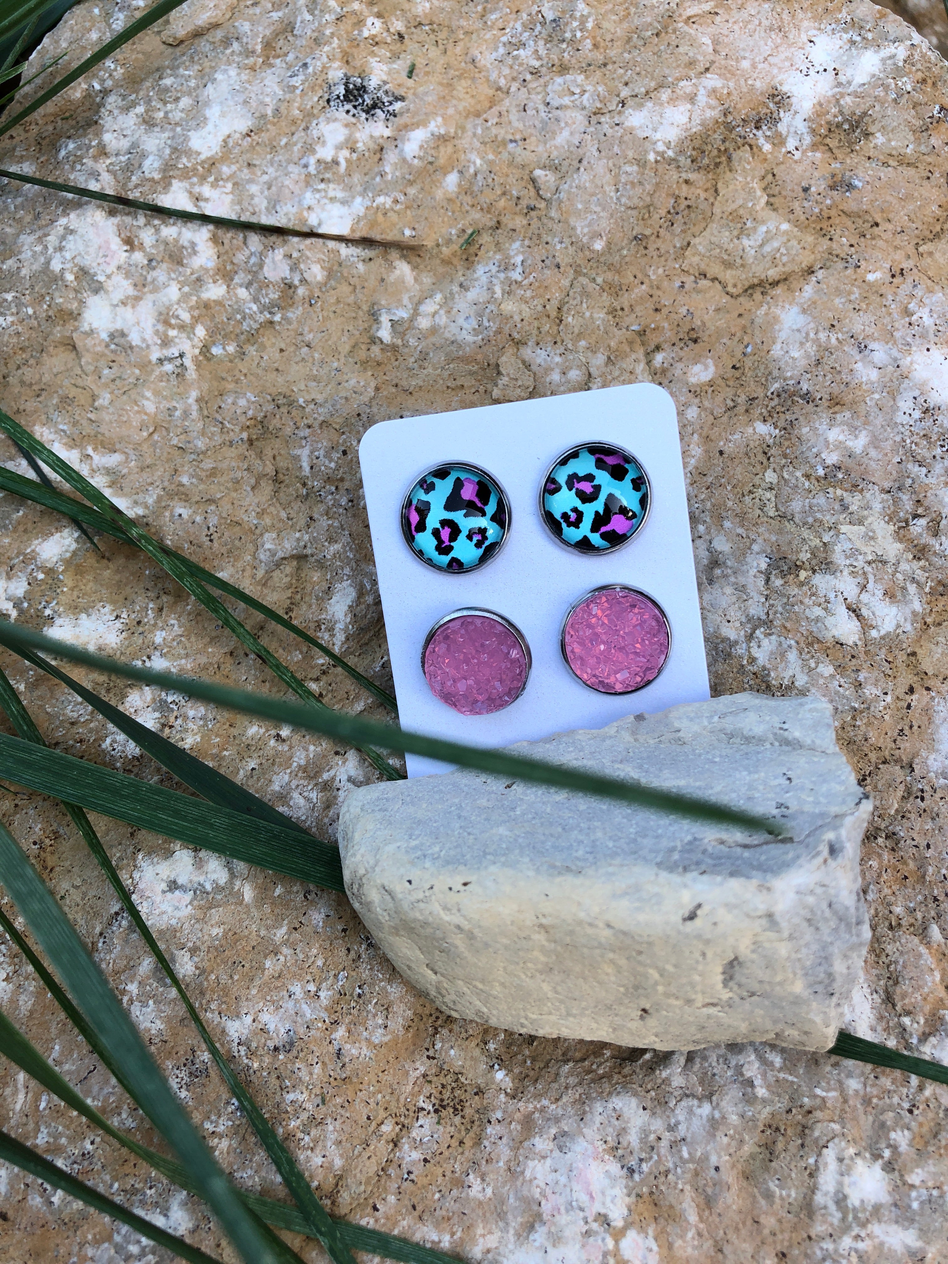 Pink druzy and neon mint leopard earrings