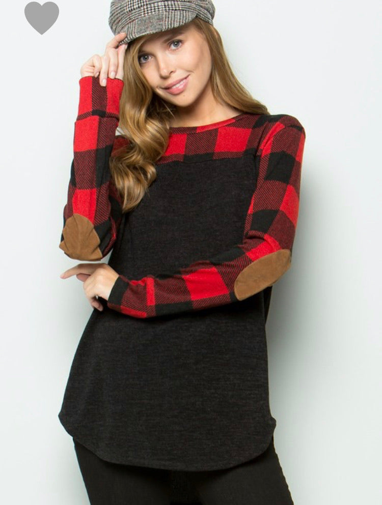 Red and Black Buffalo Plaid Colorblock Sweater