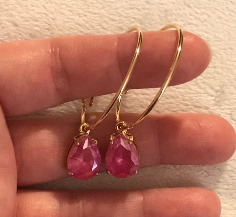 Gold Hoop Earrings with Pink Glass Teardrop