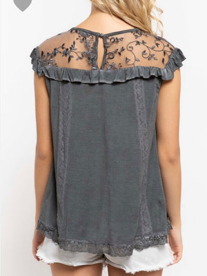 POL Charcoal Lace Detail Top