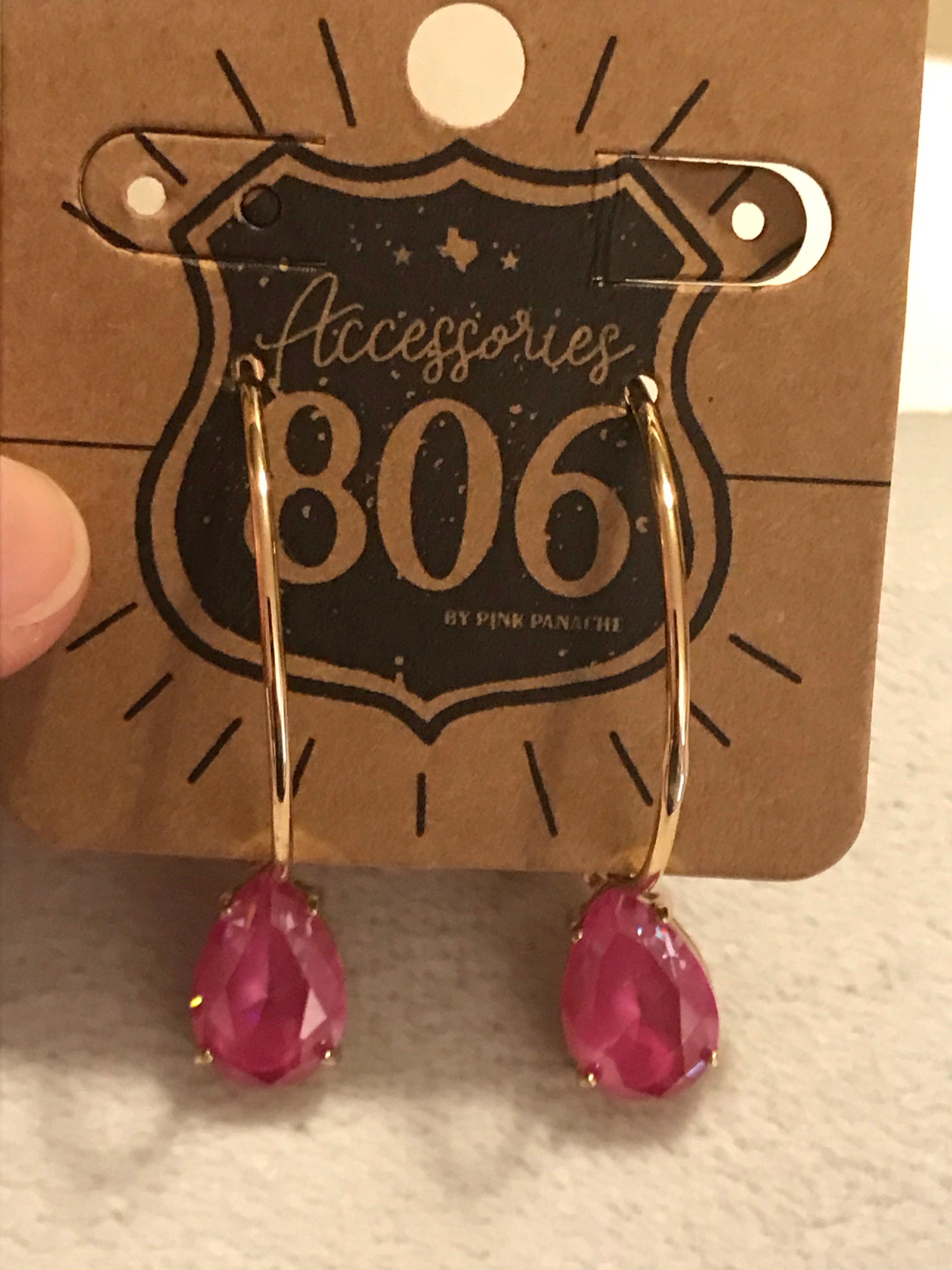 Gold Hoop Earrings with Pink Glass Teardrop