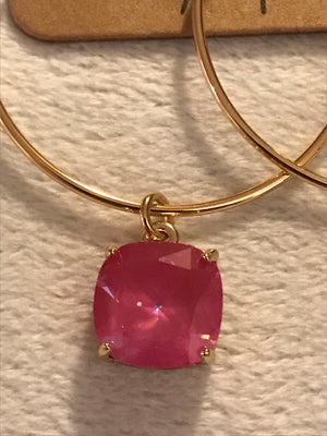 Gold Hoop Earrings with Pink Glass Square