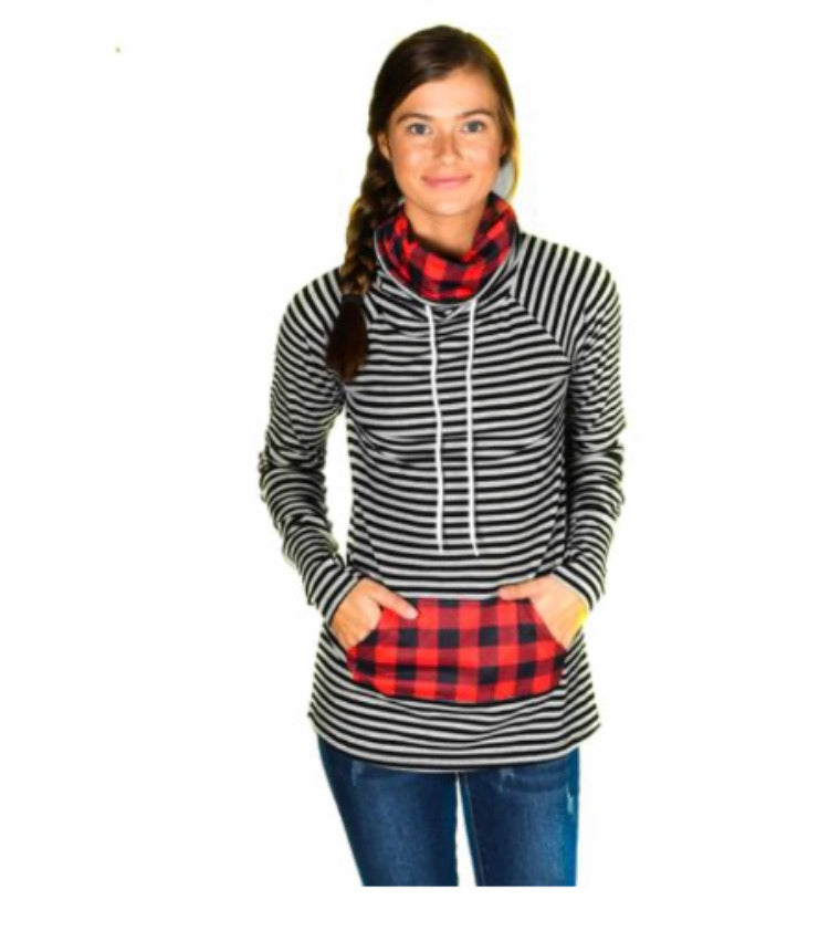 Funnel Neck Black Stripe with Red Buffalo Plaid Accent Top
