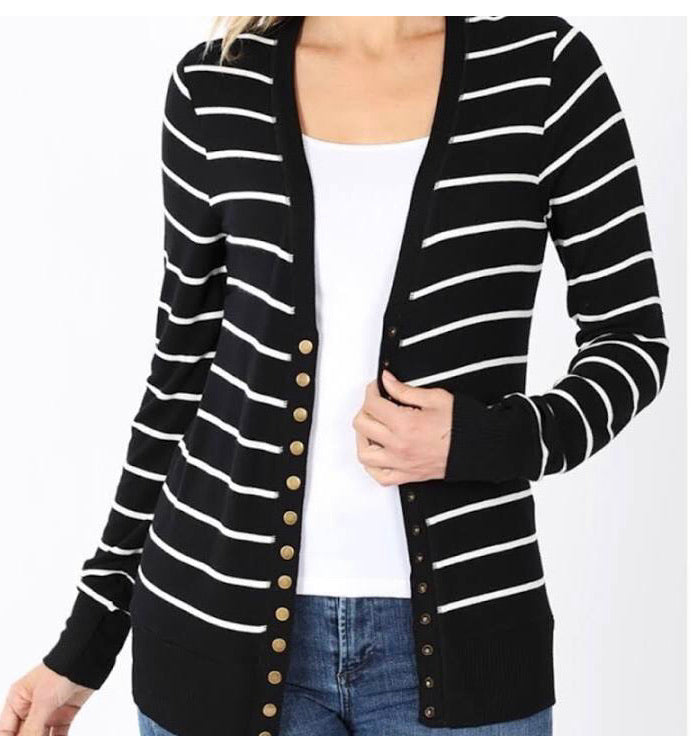 Black and white stripe snap front cardigan