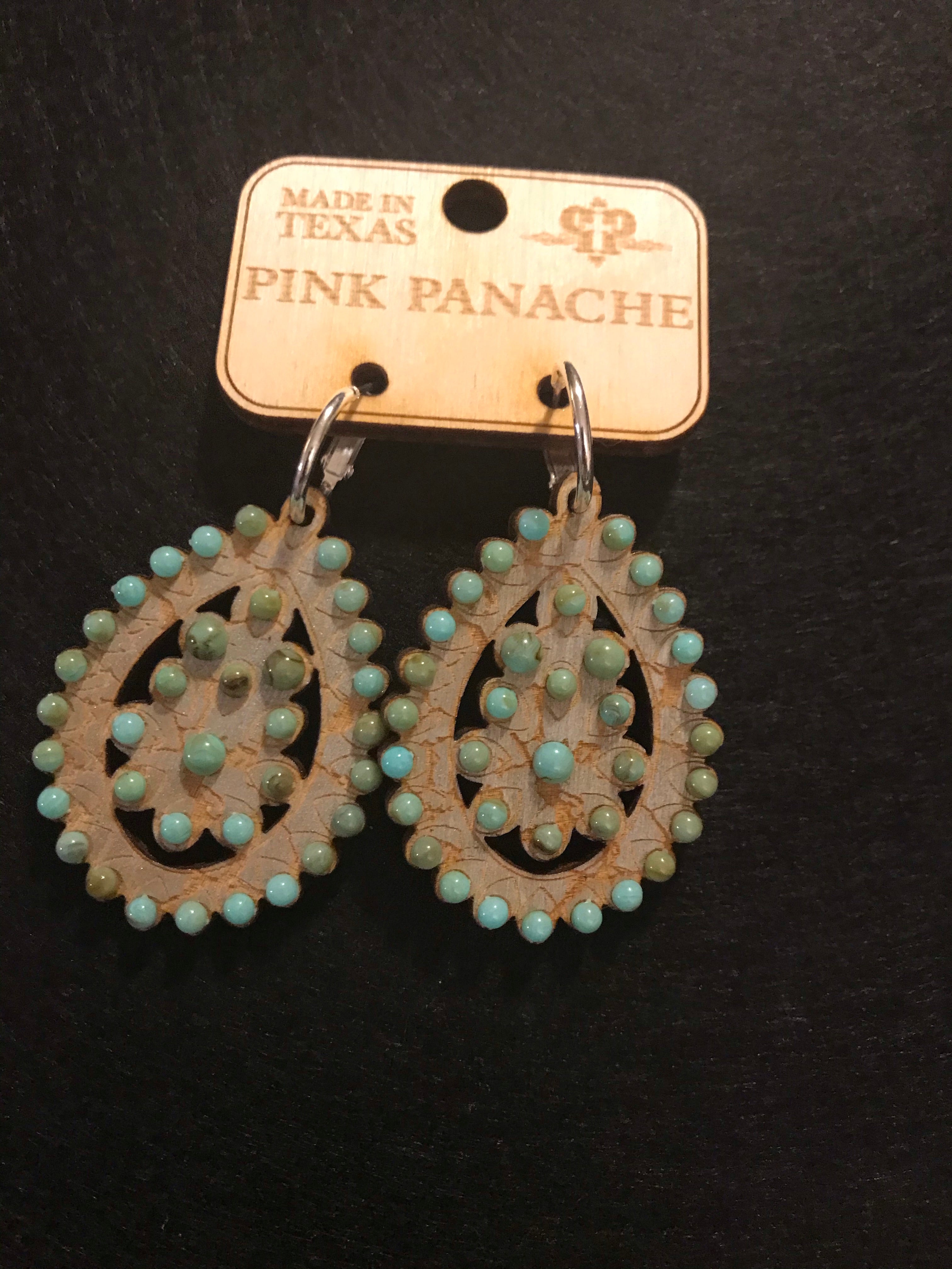 Small Santa Fe Crackle Wood with Turquoise Pink Panache Earrings