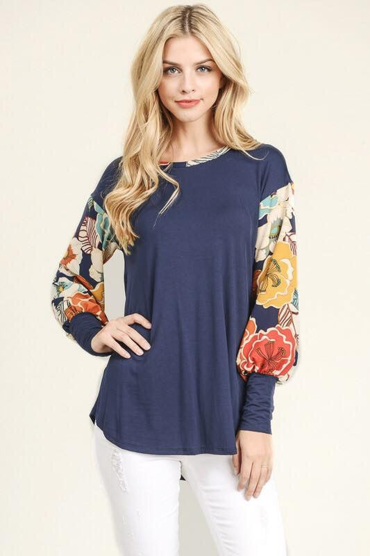 Navy floral print bubble sleeve top