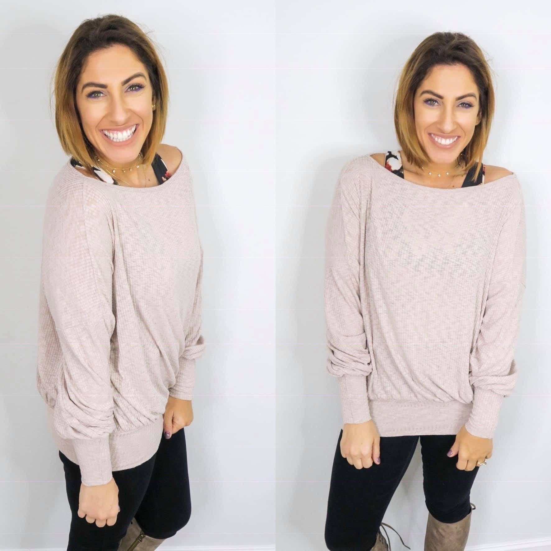 Mocha waffle knit boat neck top