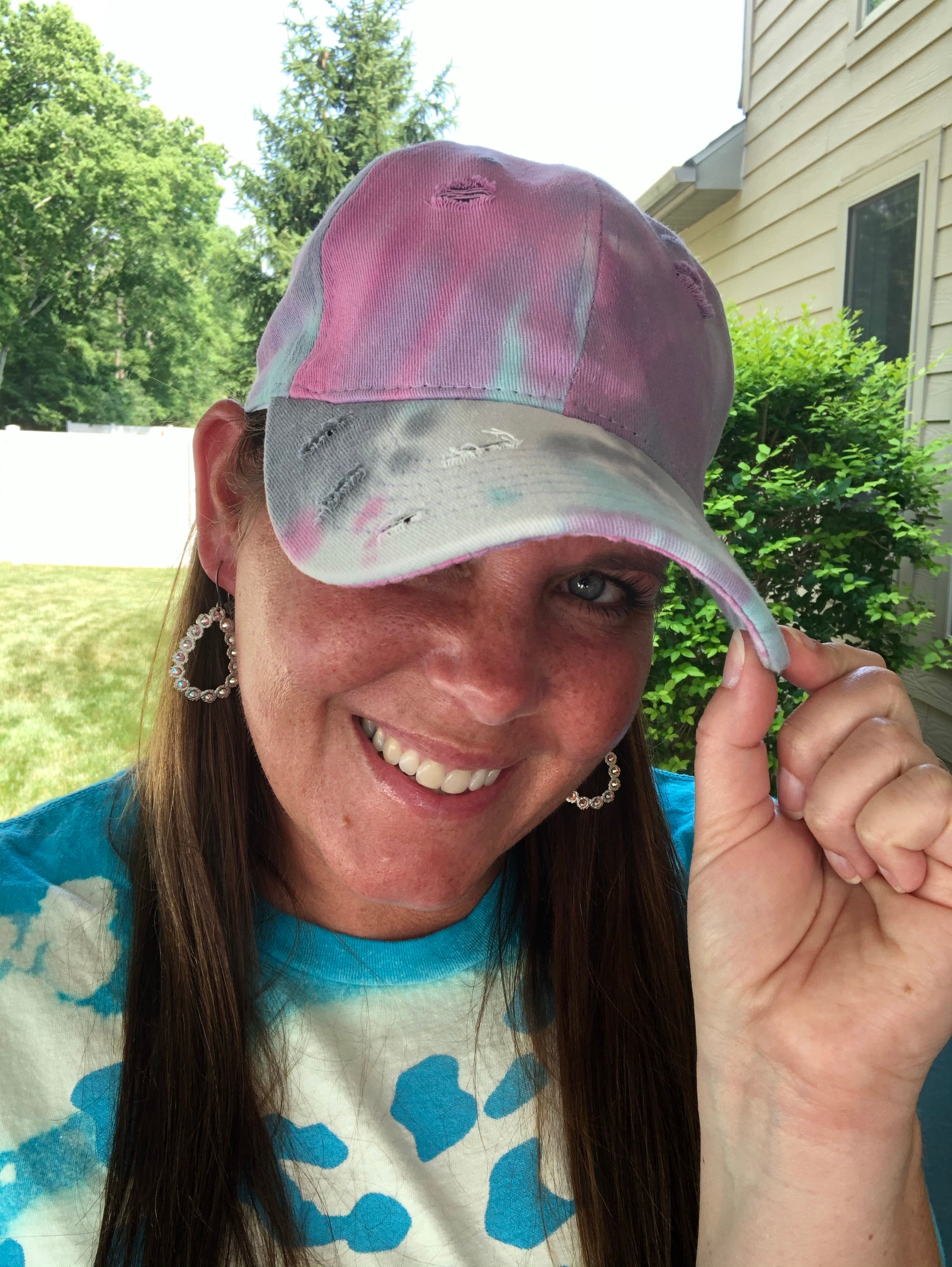 Blue and Pink distressed tie dye hat