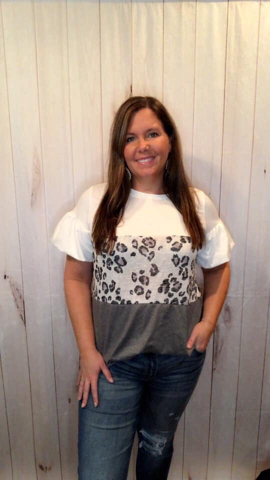 Ivory/Charcoal Leopard Color-block Top