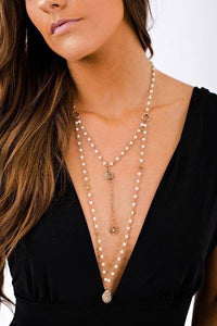 Layered gold pearl with coin pendant necklace