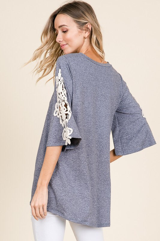 Two Toned Blue Top with Lace Sleeve Detail