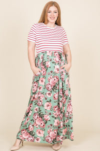 Plus Pink Stripe and Mint Flora Maxi Dress